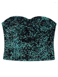 Canotte da donna Moda donna con corsetti con cerniera laterale verde con paillettes Top Vintage senza spalline Slash Neck Donna Chic Lady