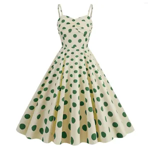 Lässige Kleider, Retro-Stil, lange Schaukel für Damen, frischer Urlaub, großer Polka-Dot-Hosenträgerausschnitt, hoch tailliertes Midi-Kleid