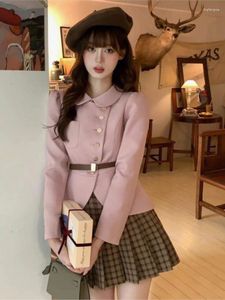 Arbeit Kleider Frühling Elegante Zwei Stück Set Frauen Koreanische Mode Süße Rosa Jacke Rock Weibliche Lange Hülse Frankreich Mini Anzug 2024