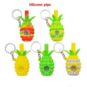 New Pineapple Keychain Silicone Smoking Hand Pipes Colorful Cute bong with removable glass bowl Dry Herb Tobacco Oil Burner Pipe
