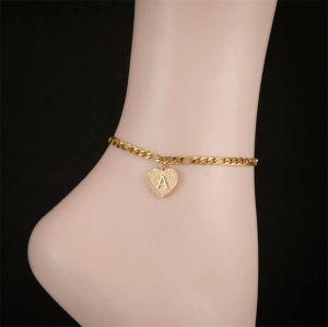 Initial Letter Anklet For Women 14k Yellow Gold Figaro Chain Heart Ankle Bracelet Woman Casual Beach Jewelry 2024
