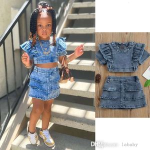 Summer Kids Clothes Girls Two Dress Piece Denim Tops And Tiered Skirt Set Washed Jeans Street Style Toddler Children Clothing Sets