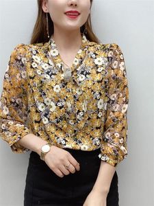 Kvinnors blusar Kvinnor Spring Autumn Style Chiffon Topps Lady Casual Long Sleeve Bow Tie Collar Flower Printed Blusas