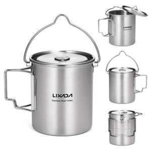 Lixada 750 ml rostfritt stålkruka med lock hängande bärbart vikbart handtag vatten kopp för utomhus camping matlagning vandring picknick 240117