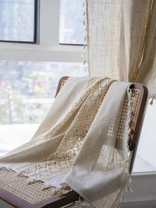 Micro transparent Bohemian hollow crochet pure linen hand-stitched beige fringed farmhouse retro decorative Curtain 1PC 240117