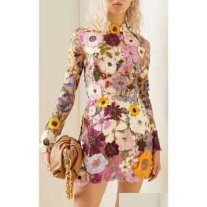 Work Dresses Floral Embroidery Elegant Luxury Women Mini Dress Half High Collar Long Sleeve Dresses 2023 Spring Evening Party Lady Ve Dh5Dw