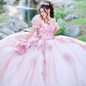 Rosa quinceanera klänning älskling prinsessa blommor applikation spetspärlor vestidos de 15 anos söt formell födelsedagsfest boll klänning