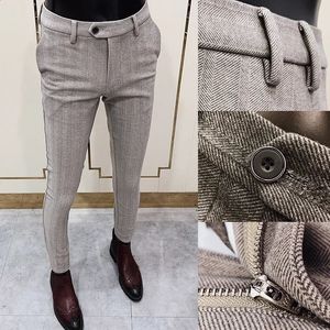 Autumn Winter Striped Woolen Cloth Suit Pants Men Casual Slim Straight Warm Trousers Formal Business Social Office Dress 240117