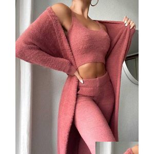 Tute da donna Tute da donna Completi da 3 pezzi Set invernale Y Fuzzy Fleece Cardigan lungo Scoop Neck Crop Canotta Pantaloni a vita alta Dhl3K