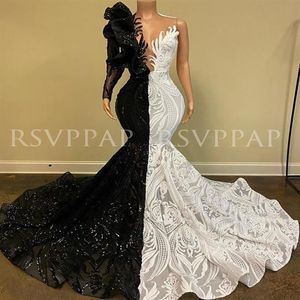 Black and White Mermaid Long Prom Dress 2022 New Arrival Sparkly Sequin One Long Sleeve African Girl evening Dresses CG001259N