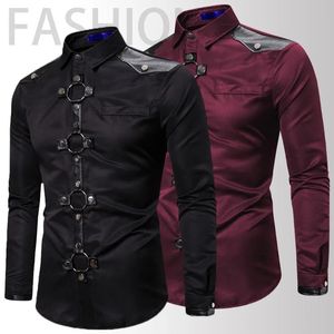 Men Goth Style Rivet Solid Color Cargo Shirt Slim Fit Party Stage For Men Clothing 240117