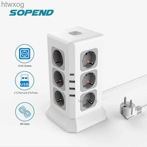 Power Cable Plug Sopend Vertical Tower Power Strip 12 Outlets Multi Usb Type C Eu Plug Socket 2m Extension Cord Surge Protector with Switch Home YQ240117