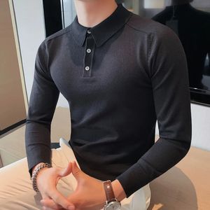 Autumn Winter Slim Long Sleeved Polo Shirt Men's Solid Color Lapel Sticked Bottom Tröja Business Simple Casual Polo Shirt Top 240117