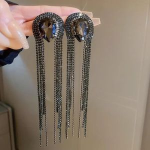 Fyuan Black Water Drop Crystal Earrings Oversize Long Tassel For Women Dangle Earring Party Jewelry 240116