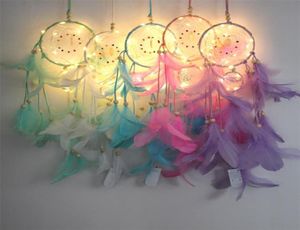 Luz led apanhador de sonhos dois anéis pena dreamcatcher vento carrilhão decorativo parede pendurado multicolorido 12ms j24725514