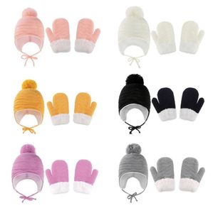 6 Colors Baby Kid Winter Warm Hat Gloves Solid Color Thick Velvet Beanie Crochet Cute Hats New born Cap Baby Kids Maternity 036421657