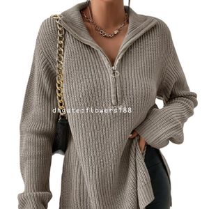 Women's Sweaters Solid Lapel Sweater Winter Mid Length Half Zip Loose Knitwear Women