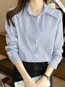 Blusas femininas oiinaa camisas para mulheres topos chique azul listrado casual básico manga longa elegante confortável blusa macia camisa senhoras moda