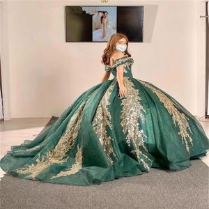 Охотничье зеленое платье Quinceanera с блестками и золотым кружевом с открытыми плечами и бисером, сладкое вечернее платье 16, Vestidos De 15 Anos, Birthday248F