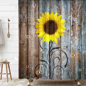 Duschvorhänge, Bauernhaus, rustikaler Duschvorhang, Sonnenblume, Herbstblumen, Blume auf ländlicher Scheune, Holzstoff, Badezimmer-Vorhang-Sets