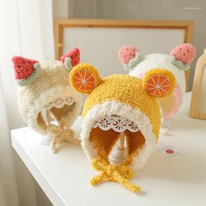 Beralar Sevimli Meyve Kulak Bebek Sıcak Şapka Rüzgar Yalıttır Halk Toddler Kış Peluş Tığ İşaretli Bonnet Bebek Kuzu Polar Kulaklıklar Cap Erkek Kız Beanies