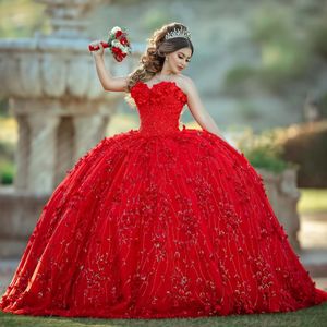 Mexikanisches rotes schulterfreies Quinceanera-Kleid für 15 Jahre 2024, Applikation, Spitze, Perlen, süßes 16-Kleid, Partykleid, Schnürung vstidos de
