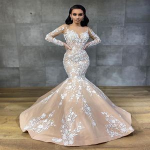 Vintage Champagne Long Sleeve Mermaid Wedding Dresses With Ivory Lace Appliques Beaded Aso Ebi Arabic 2022 Bridal Gowns Sheer Crew237b