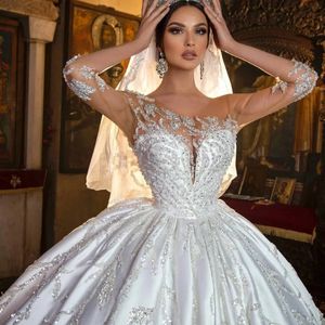 Arabic Dubai Princess Wedding Dress Illusion Sleeves Appliques Satin Beading Satin Lace Up Bridal Gowns Custom Made Vestidos De Novias