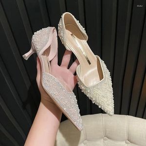 Dress Shoes French Crystal Diamond Pearl Wedding Bridesmaid High Heels Women's Pointed Middle Banquet Shallow Mouth