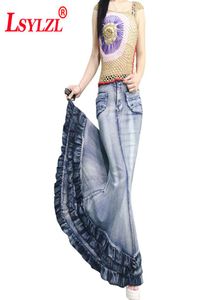Senhora saia jeans longa cintura alta gradiente borla jeans trompete legal cauda de peixe sereia boêmio maxi saias b268 c190416017514594