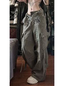 Pantaloni cargo con ricamo lettera grigia Pantaloni da ragazza casual oversize con vita hip-hop retrò High Street 240116