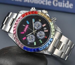 Crime Premium Mens Colorful Diamonds Ring Shinning Starry Dial Watch Quartz Movement Male Time Clock Full Stainless Steel Band Sapphire Glass Wristwatch Gifts