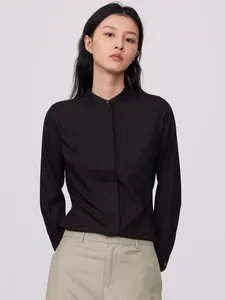 レディースブラウスレディースオフィススタンドカラースリムフィットドレスシャツポケットのない隠されたボタンのプラック長袖の女性のわずかなストライク