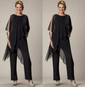 Cheap Two Pieces Pants Suits For Mother of The Bride Jewel Half Sleeve Plus Size Black Chiffon Evening Gowns Beach Wedding Party1887088