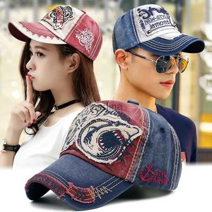 Ball Caps New embroidered shark cowboy cap to make old washed hipster male sex baseball cap female sunblock hat YQ240117
