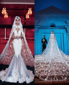 Luxury Long Bridal Wraps Veils With Cap Lace 3d Floral Applique 300cm Cathedral Length Cloaks Mantilla Wedding Coats for Bridal DR5912993