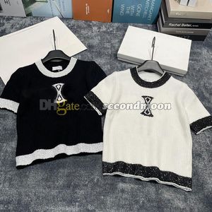 女性クルーネックニットウェアラグジュアリーレターJACQUARD TEES半袖ニットTシャツ女性屋外ニットウェア