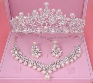 Earrings Necklace Bride Crystal Pearl Costume Jewelery Sets Rhinestone Choker Tiara Bridal Women Pageant Wedding Jewelry SetEarr4263986