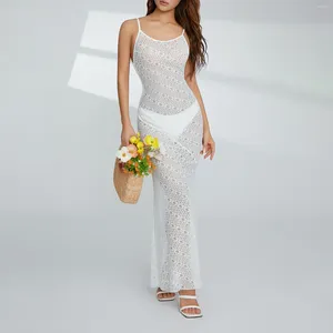 Women's Swimwear Flower Hollow Out White Beach Long Dress 2024 Summer See-Through Backless Suspender Bodycon Dresses Bikinis Cover-ups