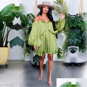 Basic Casual Kleider Casual Kleider Frühling Lose Rüschen Satin Kleid Frau Y Slash Neck Langarm Boho Kurze Sommerkleider Kleidung Dhcu4