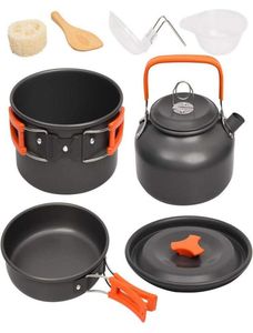 Kit de panelas de acampamento ao ar livre conjunto de cozinha de alumínio chaleira água panela viajar caminhadas piquenique churrasco equipamentos talheres ft1368932562