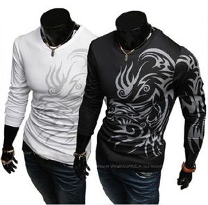 Tatuagem impressão t camisa masculina manga longa nova moda masculina roupas de marca casual fino ajuste oneck algodão camiseta cj1455981874