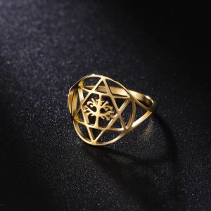 Judisk stjärna av David Tree of Life Ring Women 14k Yellow Gold Hexagram Finger Rings Vintage Jewelry Gift for Lover