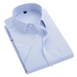 Verão s ~ 8xl masculino listrado manga curta vestido camisa gola quadrada não-ferro regular ajuste anti-rugas bolso masculino camisa social 240117