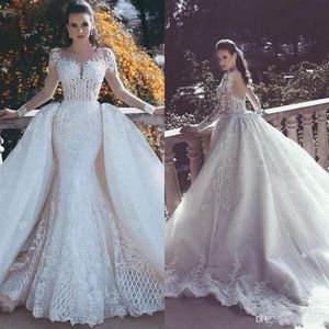 2020 New Mermaid Lace Wedding Dresses With Detachable Train Sheer Neck Long Sleeves Beaded Overskirt Dubai Arabic Bridal Gowns317k