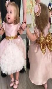 Babypink Toddler Flower Girls Dresses Short Sleeve Chic Bow Gold Sequins Första kommunikationsklänningar Tiered Tea längd Födelsedag P7487734