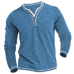 Men's Plain Henley Shirt Round Neck T-shirt Summer Bekväm bomullsmod Långärmad avslappnad gata slit Sports topp BASIC 240117