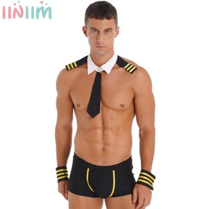 Herren Captain Sailor Cosplay Kostüm Sexy 4-teilige Nachtwäsche Halloween Party Krawatte Kragen Boxershorts Manschetten Club Dessous Sets 240117