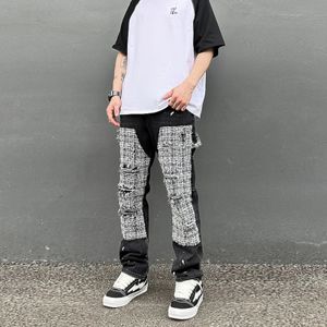 Black and white plaid splicing work straight leg denim Trousers men's hip-hop splash ink log pants jeans slim fit wash tear 240117