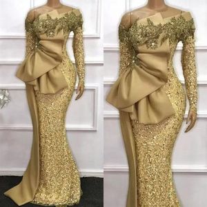 Ouro africano sereia vestidos de noite brilhantes lantejoulas mangas compridas grande arco cetim peplum vestidos de festa de baile plus size árabe aso e217z